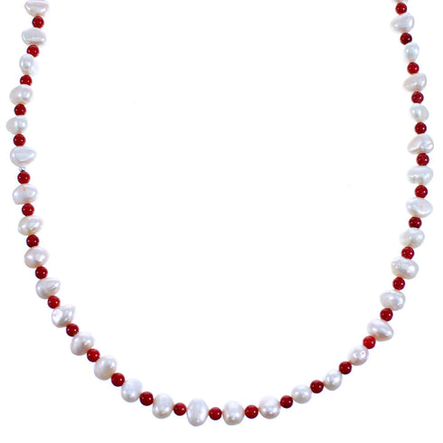 Coral And Fresh Water Pearl Sterling Silver Bead Necklace SX115001